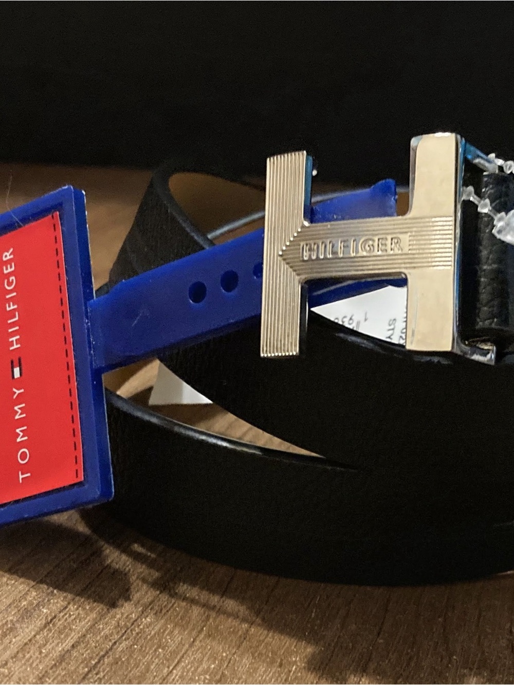 Tommy Hilfiger Black Leather Belt with Silver H Buckle and Blue Tag